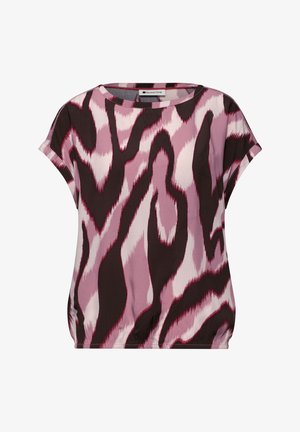 Kortærmet bluse med abstrakt bølget mønster i pink, sort og hvid samt rund halsudskæring.