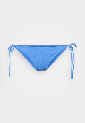 Blue ribbed bikini bottom with adjustable ties on each side, featuring a smooth texture and a low-rise design.