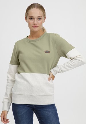 Groene en crèmekleurige kleurblok sweatshirt van zachte katoen, met een ronde hals, geribbelde manchetten en een klein logo-embleem op de borst.