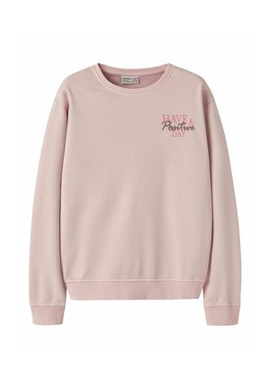 Sweat-shirt rose clair à col rond avec poignets et ourlet côtelés, avec le texte "Have a Positive Day" en rose et gris sur la partie supérieure gauche de la poitrine.