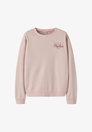 Sweat-shirt rose clair à col rond avec poignets et ourlet côtelés, avec le texte "Have a Positive Day" en rose et gris sur la partie supérieure gauche de la poitrine.