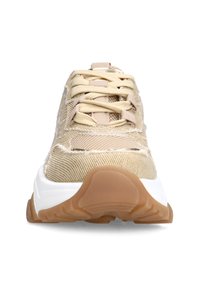 Beige Sneaker mit strukturiertem Stoff-Obermaterial, weißer Zwischensohle und braunem Gummi-Außensohle. Verfügt über Schnürsenkel und einen gepolsterten Kragen für mehr Komfort.