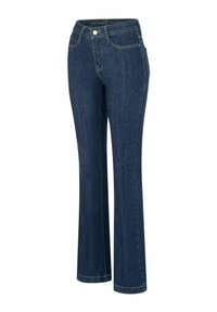 Dunkelblaue Damen-Jeans aus Denim mit mittlerer Bundhöhe, Knopfverschluss, Fünf-Taschen-Design und leicht ausgestellten Beinen.