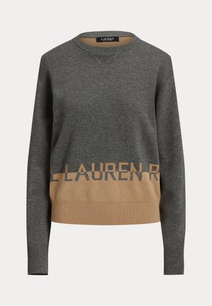 Donkergrijze crewneck trui met lange mouwen en een camel kleurblok aan de zoom, met gedeeltelijke "LAUREN R" tekst op de voorkant.