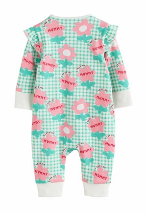 Grön gingham babyjumpers med rosa blommönster och texten "JAG ÄLSKAR MIN MAMMA". Vit kant vid ärmslut och volangdetaljer på axlarna. Mjuk tyg.