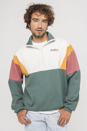 Sweatshirt a blocchi di colore in bianco, verde, arancione e rosa; presenta una mezza zip, una consistenza pesante e un logo ricamato sul petto.