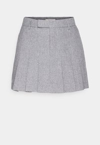 Jupe plissée à carreaux gris avec une taille cintrée, présentant une texture subtile et un design classique. Aucun élément métallique ou accent visible.