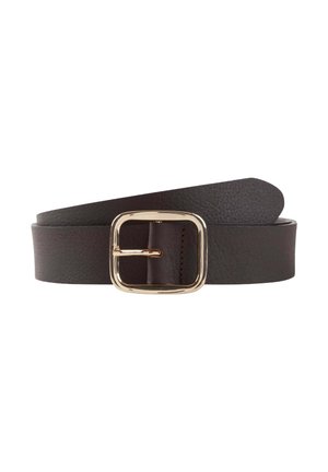 Brown leather belt featuring a rectangular gold-tone buckle, smooth texture, and stitched detailing along the edges.
