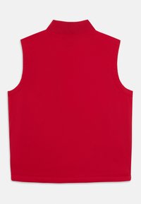 Röd ärmlös väst med hög krage, slät textur och rena kanter. Enkelt design utan synliga mönster eller detaljer.