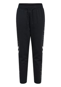 Schwarze Jogginghosen mit einem Kordelzugbund. Verfügt über seitliche Einsätze mit einem gemusterten Design. Hergestellt aus weichem Baumwollmaterial.