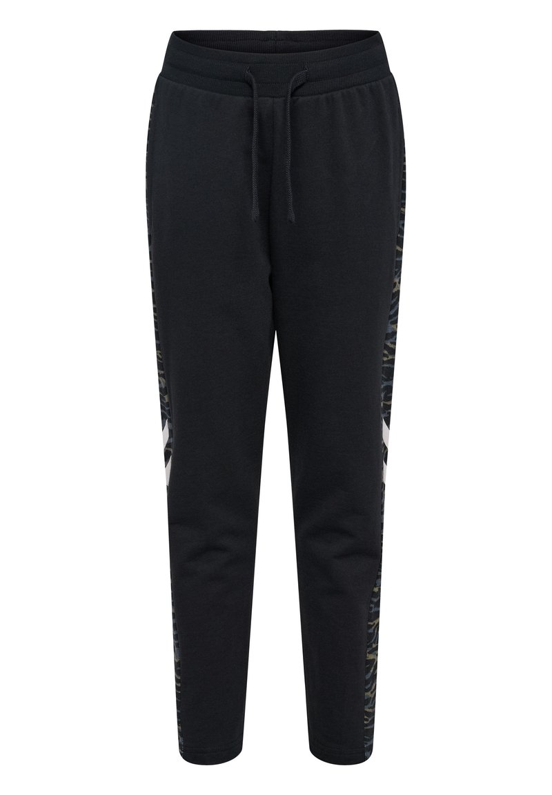 Schwarze Jogginghosen mit einem Kordelzugbund. Verfügt über seitliche Einsätze mit einem gemusterten Design. Hergestellt aus weichem Baumwollmaterial.