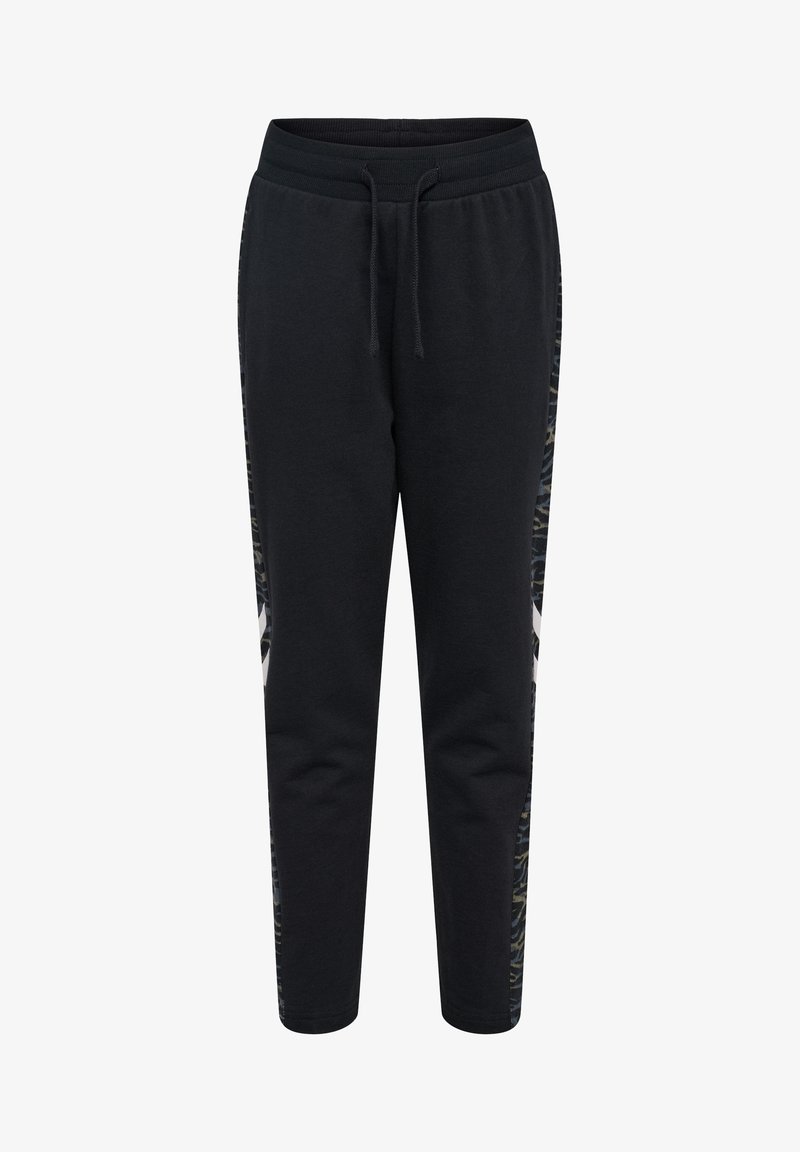 Svarta joggerbyxor med dragsko i midjan. Har sidsömmar i mönstrad design. Tillverkade av mjukt bomullsmaterial.