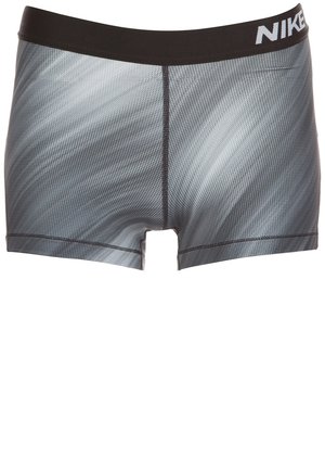 Gray and black men's athletic compression shorts with a textured swirl pattern and black waistband featuring white Nike logo.
