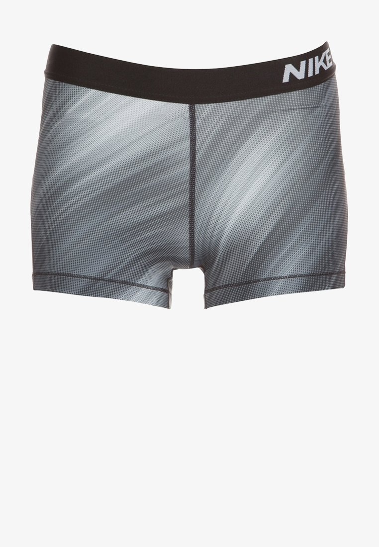 Shorts de compression sportifs pour hommes en gris et noir avec un motif tourbillonnant texturé et une ceinture noire ornée d'un logo Nike blanc.