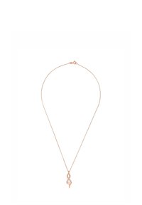 Roséguldkedja med en delikat kedja och en snurrad hänge med en klar sten. Enkel design, slät yta och subtil glans.