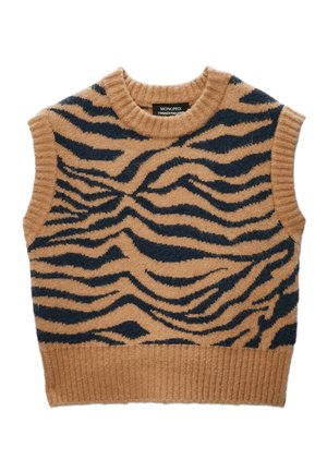 Pull sans manches en tricot beige avec un motif rayé tigre bleu foncé et un col et un ourlet côtelés. Fabriqué à partir d'un tissu doux et texturé.