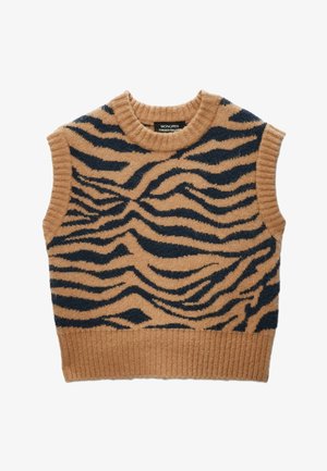 Pull sans manches en tricot beige avec un motif rayé tigre bleu foncé et un col et un ourlet côtelés. Fabriqué à partir d'un tissu doux et texturé.