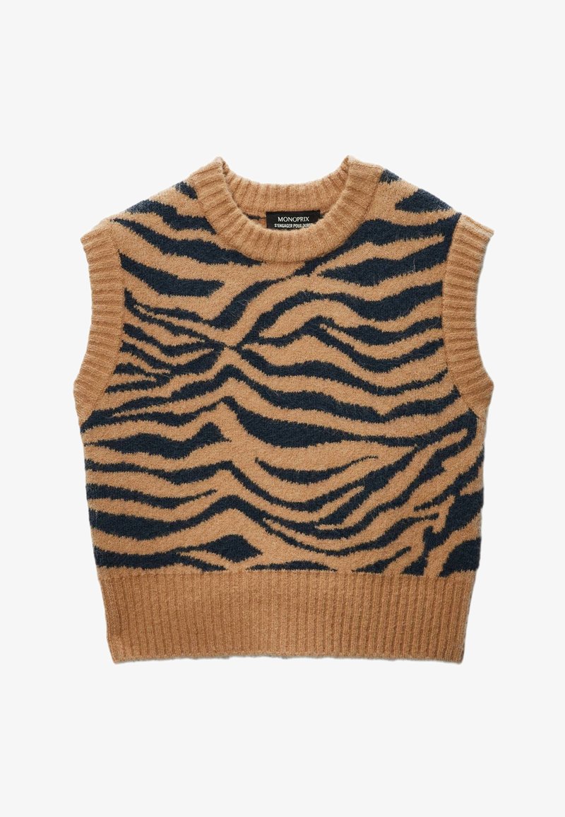 Pull sans manches en tricot beige avec un motif rayé tigre bleu foncé et un col et un ourlet côtelés. Fabriqué à partir d'un tissu doux et texturé.