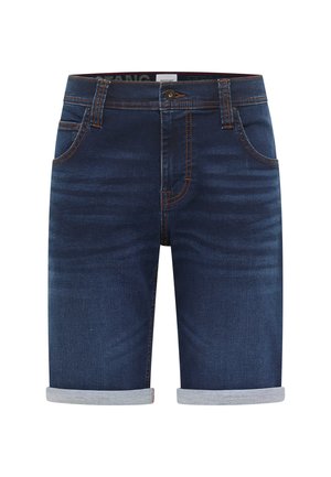 Mørkeblå denimshorts med en falmet finish, der har opsmøgte kanter, standardlommer og kontrasterende syninger langs sømmene.
