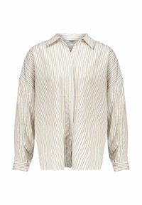 Loose-fit long-sleeve shirt with beige, white, and brown vertical stripes and small dot patterns, featuring a collar and button closure.