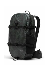 Sac à dos noir et vert foncé avec une surface texturée et à motifs, des bretelles ajustables, des fermetures à boucle et une poche latérale pour un rangement supplémentaire.