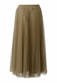 Pleated midi skirt in light beige fabric, featuring an elastic waistband and sheer texture with a soft, flowing design.
