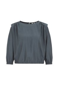 Blouse grise à manches longues avec un col rond, des épaules froncées et un ourlet inférieur élastique. Tissu lisse avec un léger éclat.