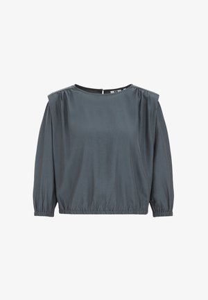 Szara bluzka z długim rękawem, okrągłym dekoltem, marszczonymi ramionami i elastycznym dolnym wykończeniem. Gładki materiał z delikatnym połyskiem.