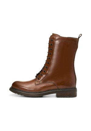 Bottine en cuir marron à lacets avec une languette de tirage, semelle noire et petit talon empilé, présentée en profil latéral sur fond blanc.