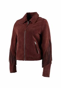 Smeđa antilop jakna s detaljima resica na rukavima, džepovima na zatvarač i ovratnikom. Ima kroj do struka i glatku teksturu.