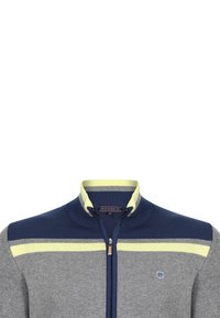 Maglione zip-up grigio e blu navy con colletto alto, caratterizzato da strisce gialle orizzontali sul petto e un tessuto testurizzato. Piccolo logo vicino alla cerniera.