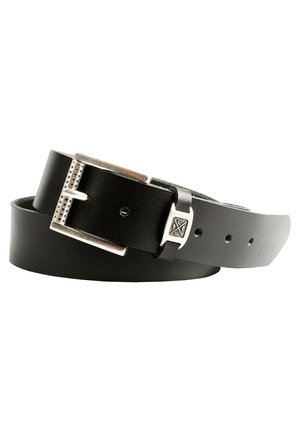 Black leather belt with a silver-toned rectangular buckle, featuring a textured edge and adjustable holes along the strap for fit.