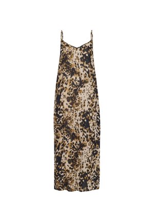 Satin slipdress met verstelbare banden, voorzien van een luipaardprint in bruin, crème en zwart, met een comfortabele silhouet.