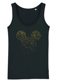 Canotta nera con scollatura a barca e un design dorato glitterato del silhouette di Topolino sul davanti. Realizzata in morbido materiale di cotone.