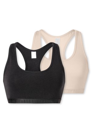 Mustat ja beige urheil brasit, joissa on urheilullinen takaosa. Pehmeä, joustava kangas mustassa brasissa on logo-nauha. Beige bras näyttää tarralapun.