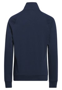 Sweatshirt zippé marine avec un col haut, des manches raglan longues et des poignets côtelés. Texture lisse et design simple, sans marque visible.