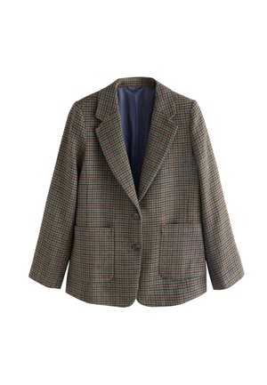 Sacou din tweed cu un model de carouri multicolore, rever stil notch, două buzunare frontale și închidere cu buttone. Interior căptușit într-o nuanță solidă.