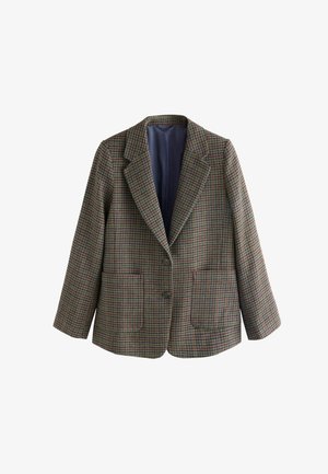 Blazer in tweed con un motivo a quadri multicolore, rever a scollo, due tasche frontali e chiusura a bottoni. Interno foderato in tinta unita.