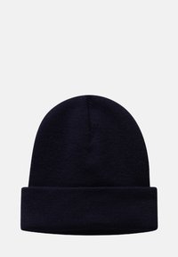 Navy beanie hat made of soft knit material, featuring a folded cuff for a snug fit and a smooth texture throughout.