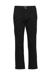 Pantalon en denim noir avec une coupe droite, dotés de poches avant et d'un motif brodé discret sur les côtés. Fermeture à bouton standard.