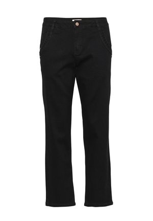 Black denim pants with a straight cut, featuring front pockets and a subtle stitched pattern on the sides. Standard button closure.