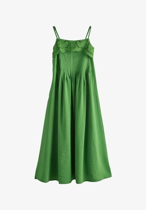 Grünes ärmelloses Kleid mit Spitzenverzierung am Oberteil, plissiertem Vorderteil und fließendem A-Linien-Rock.