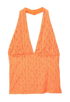 Orange lace halter top with deep V-neck and open back detail, designed for women's summer or casual wear.