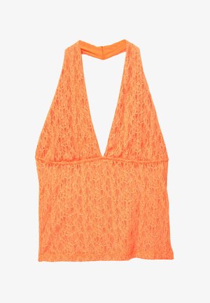 Haut dos nu en dentelle orange avec un col en V profond, conçu pour les vêtements d'été ou décontractés pour femmes.