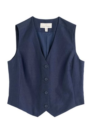 Námořnická modrá bezrukávová vesta s designem ve tvaru V, pěti knoflíkovými zapínáními a hladkou strukturou. Vyrobena z lehkého materiálu s jemným leskem.