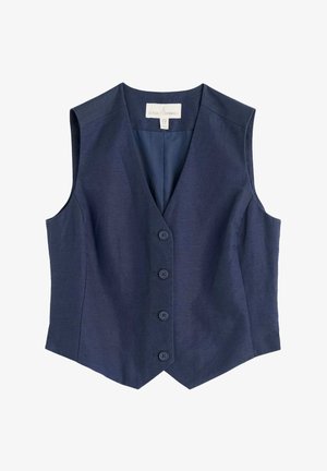 Marineblauer ärmelloser Weste mit V-Ausschnitt, fünf Knopfverschlüssen und einer glatten Textur. Hergestellt aus leichtem Stoff mit einem subtilen Glanz.