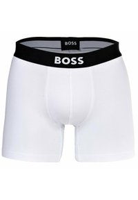 Vita boxershorts för män med svart elastisk midjeband som har "BOSS"-logotyp. Tillverkade av mjukt tyg, designade för komfort och passform.