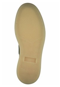 Semelle de chaussure en caoutchouc, avec un motif texturé à rainures en chevrons. Couleur beige clair avec un logo visible.