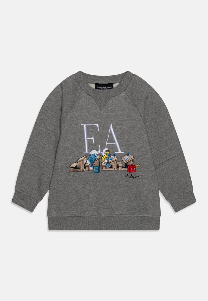 Sweat-shirt gris pour enfants avec les lettres "EA" et des personnages animés assis à des bureaux d'école brodés sur le devant.