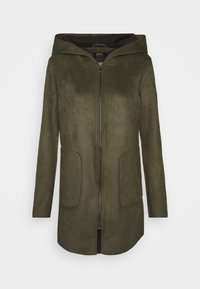 Olivgrön, huven jacka av mjukt, strukturerat tyg med dragkedja framtill, två sidofickor och medellång design.